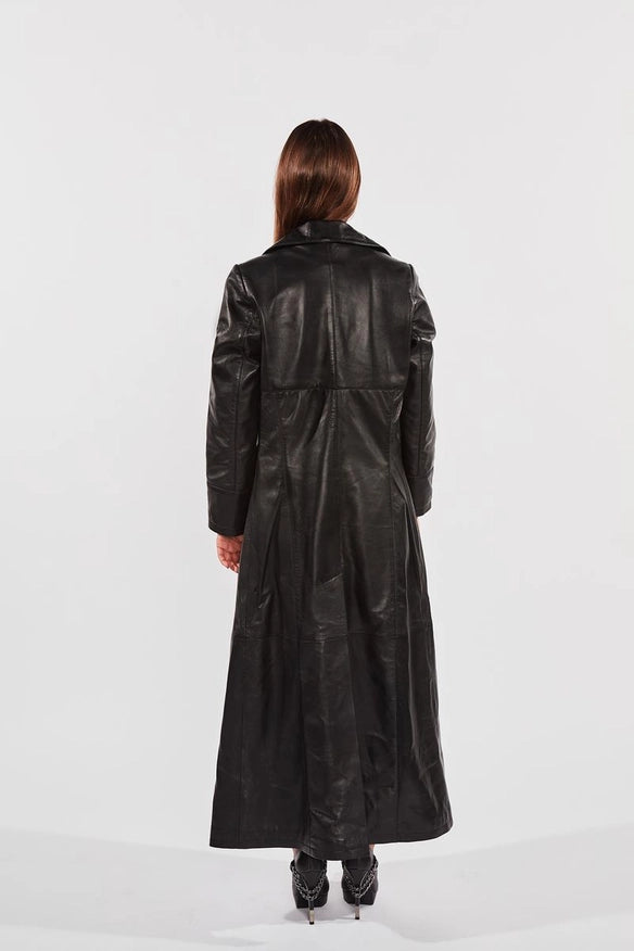 Ladies 3 Button Matrix Black Long Leather Coat-COAT-Fadcloset-XS-Urbanheer
