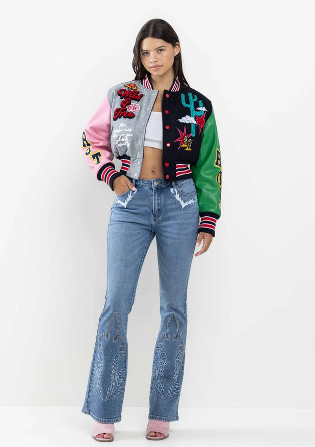Wild And Free Cropped Varsity Jacket-Jacket-First Row-NAVY-S-Urbanheer