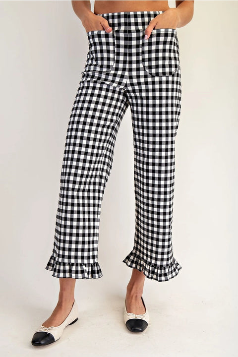 Gingham Ruffle Trim Straight Leg Pants