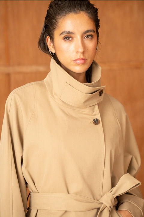 Utility Oversized Long Belted Trench with Stand-Up Collar
