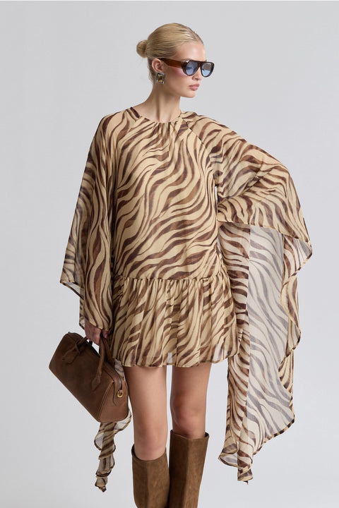 Waterfall Sleeve Zebra Print Crinkle Georgette Mini Dress