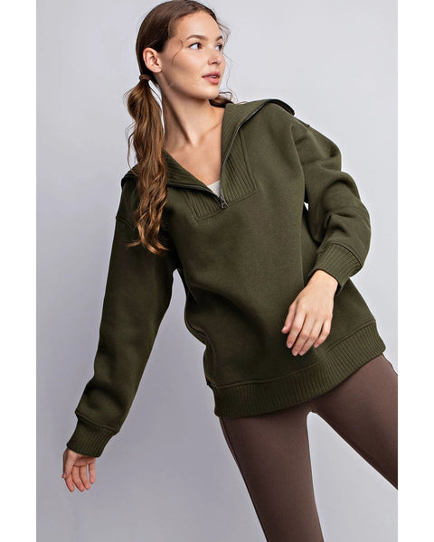 French Terry Ribbed Contrast Quarter Zip Up