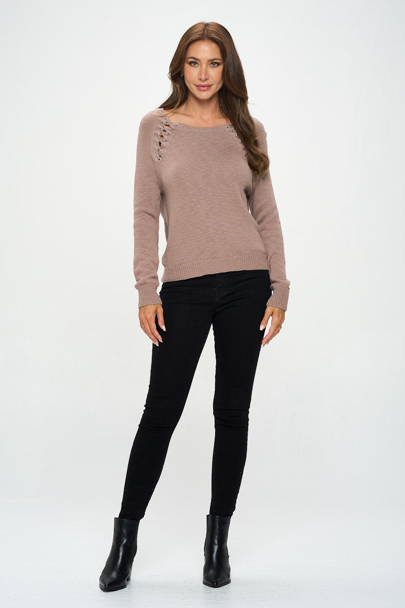 Round Neck Long Sleeve Sweater With Braid Detail-Renee C.-S-Urbanheer