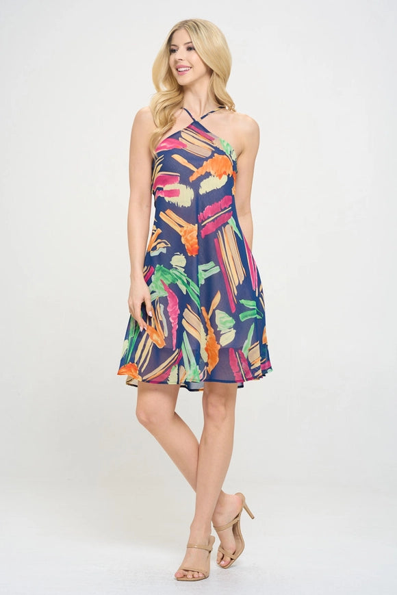 Print Halter Neck Swing Dress Navy-Dress-Renee C.-Navy-S-Urbanheer