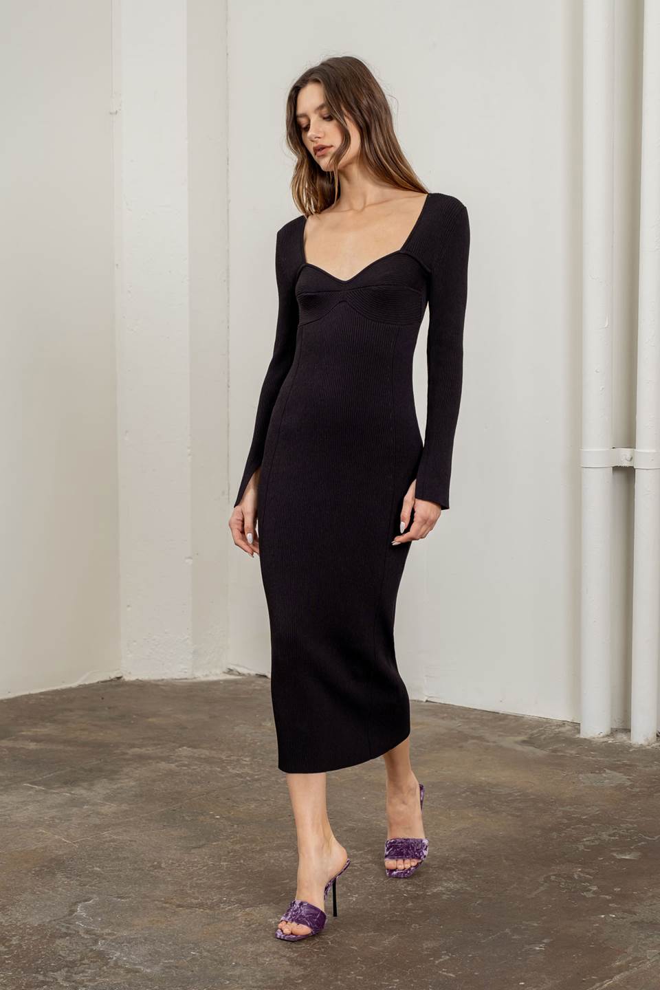 Ribbed Sweater Midi Dress-Moon River-Black-S-Urbanheer