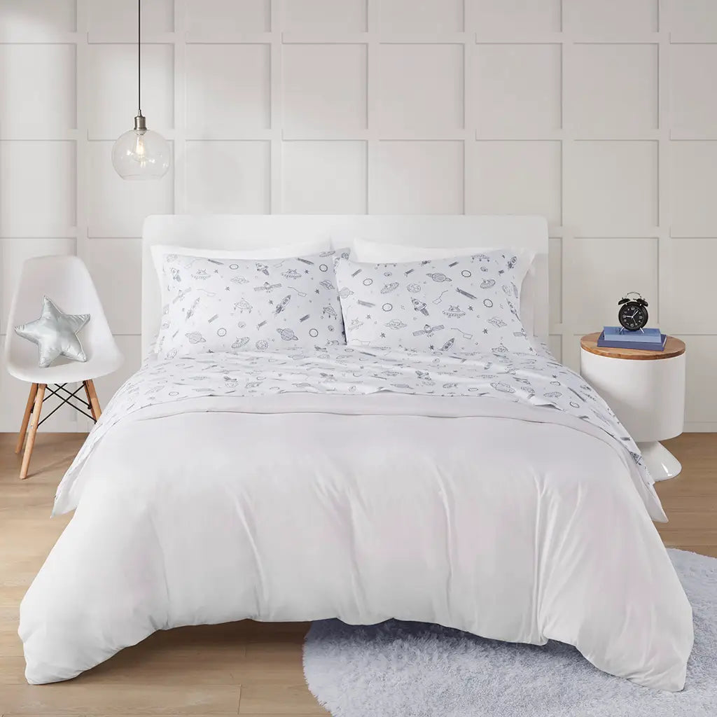 Printed Microfiber Kids Sheet Set, Grey Space Rocket-Olliix-Twin-Urbanheer