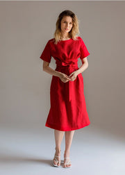 Wrap Linen Tie Belt Red Dress For Women Long With Pockets-Dress-Nich Linen-XXS-Urbanheer