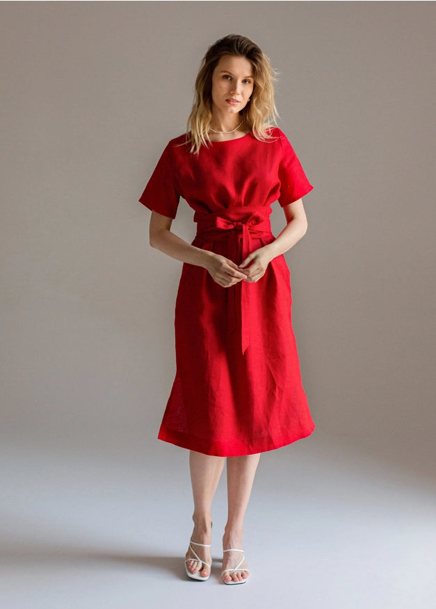 Wrap Linen Tie Belt Red Dress For Women Long with Pockets