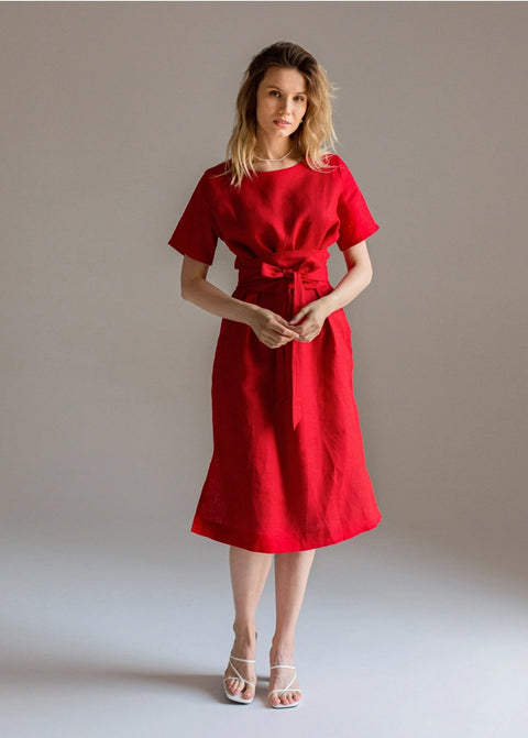 Wrap Linen Tie Belt Red Dress For Women Long With Pockets-Dress-Nich Linen-XXS-Urbanheer