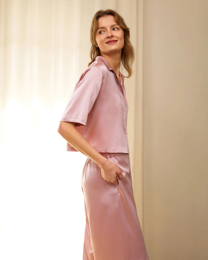 Short Sleeve Silk Pajamas Rosy Pink-Pajamas-MommeSilk-XS-Urbanheer