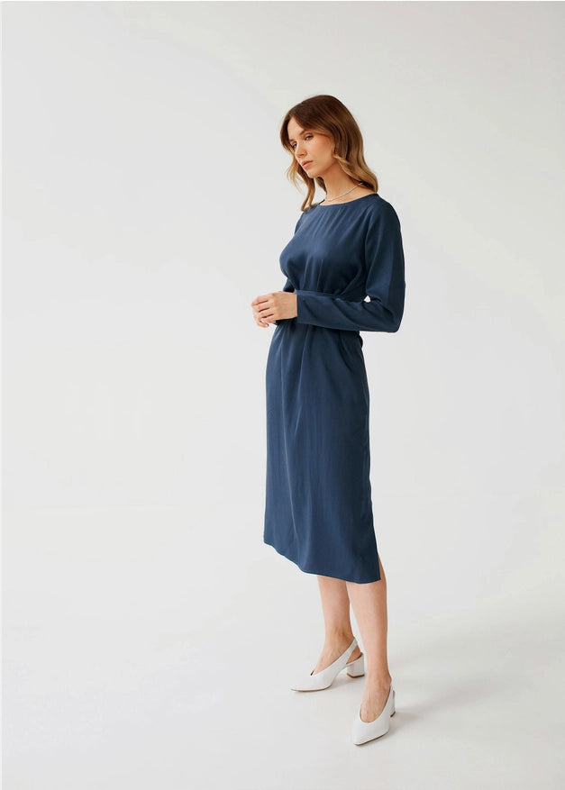 Navy Blue Belted Wrap Dress For Women, Evening Dress
