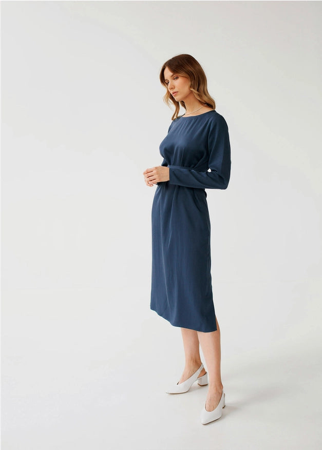 Navy Blue Belted Wrap Dress For Women, Evening Dress-Dress-Nich Linen-XXS-Urbanheer