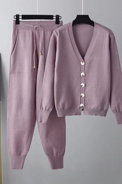 Autumn Winter V Neck Cardigan Sweater Harem Pants Suit Two Piece Sweater-Suits-Blak Wardrob-One Size-Purple-Urbanheer