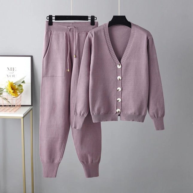 Autumn Winter V Neck Cardigan Sweater Harem Pants Suit Two Piece Sweater-Suits-Blak Wardrob-One Size-Purple-Urbanheer
