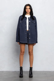 Stitch Detail Loose Fit Shacket and Mini Skirt Set NAVY-Sets-No Vacancy-S-Urbanheer