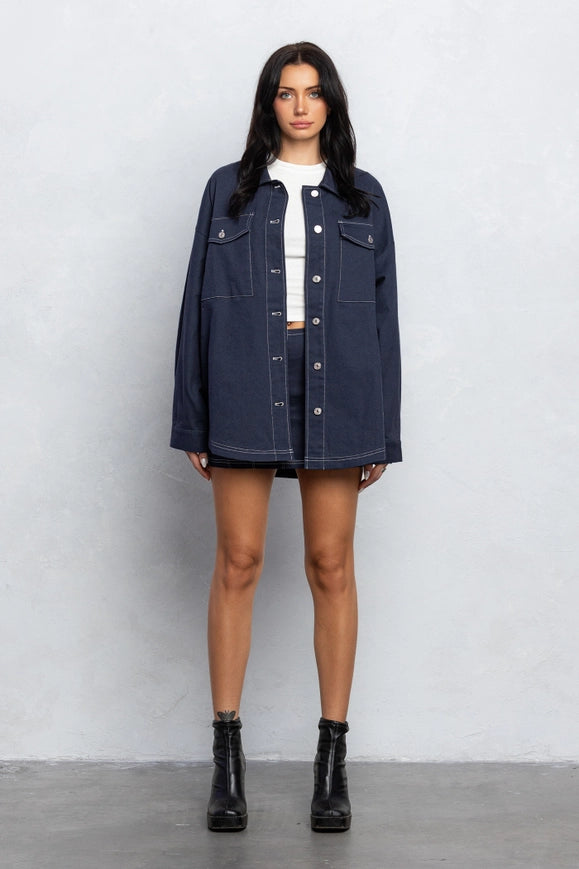 Stitch Detail Loose Fit Shacket and Mini Skirt Set NAVY-Sets-No Vacancy-S-Urbanheer