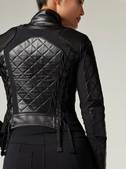 Classic Black Quilted Genuine Leather Mesh Moto Jacket
