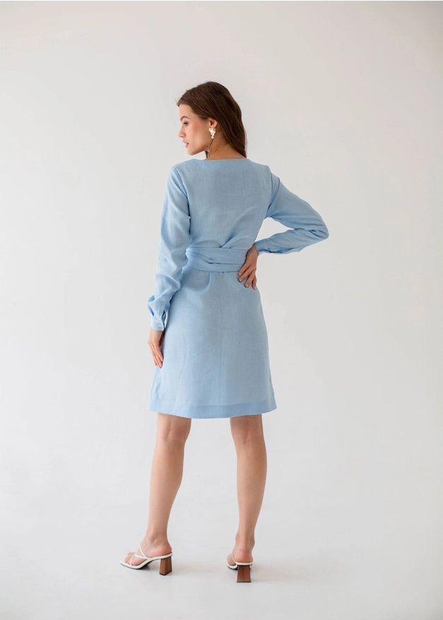 Sky Blue Wrap Tencel Belted Bridesmaid Dress For Women Long-Dress-Nich Linen-XXS-Urbanheer