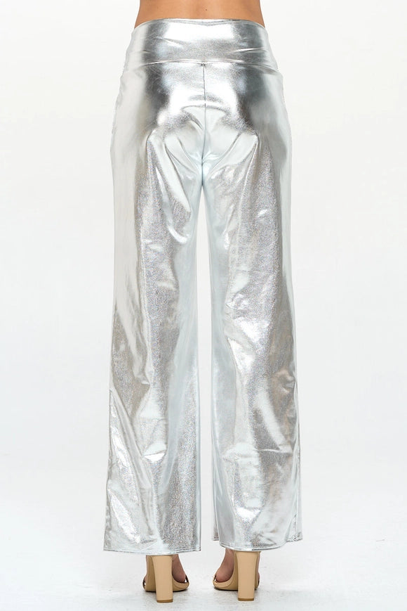 Made in USA Metallic Wide Leg Pants with Thick Waistband SILVER-Pants-Renee C.-Urbanheer