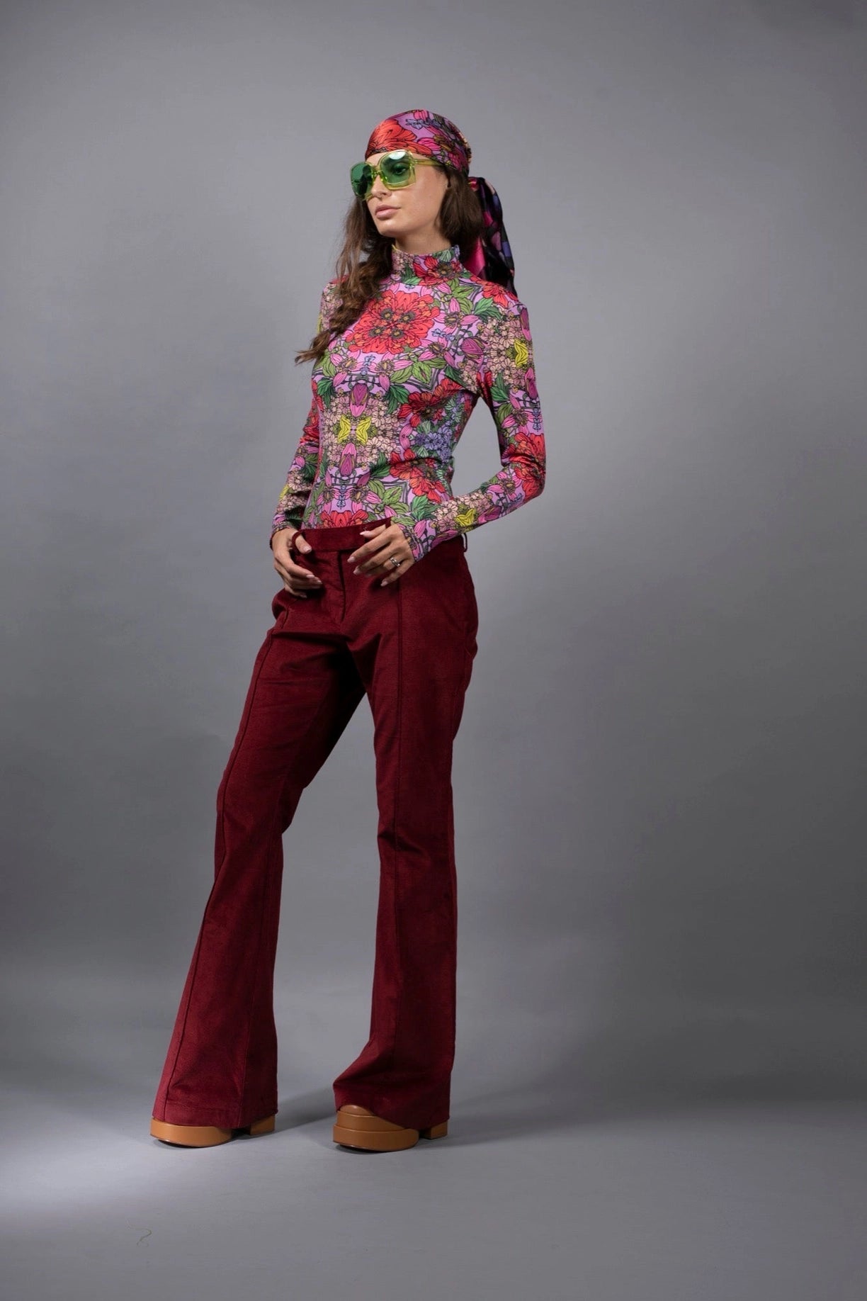 Roll Neck Red Garden Turtleneck Long Sleeves Bodysuit-Nuvula-S-Urbanheer