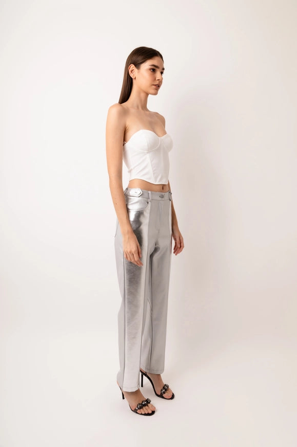 Lupe Faux Leather Metallic Straight Pant-Pants-Amy Lynn-S-SILVER-Urbanheer