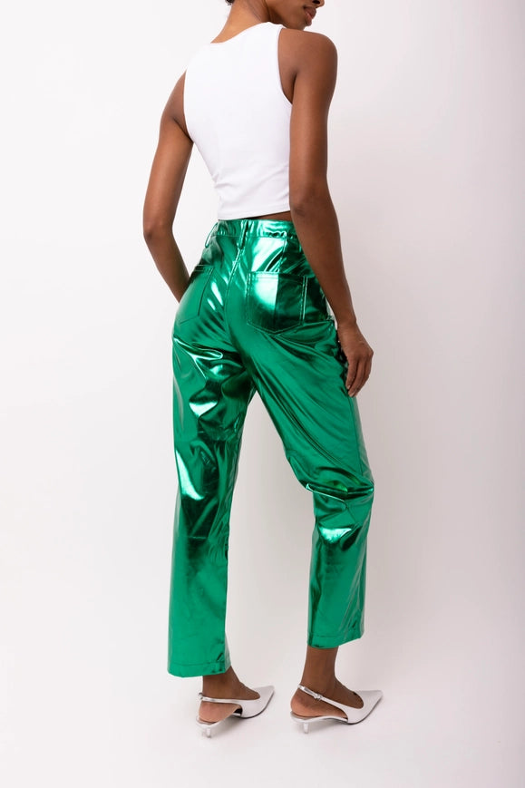 Lupe Straight Faux Leather Metallic Pants Forest Green-Pants-Amy Lynn-S-Urbanheer