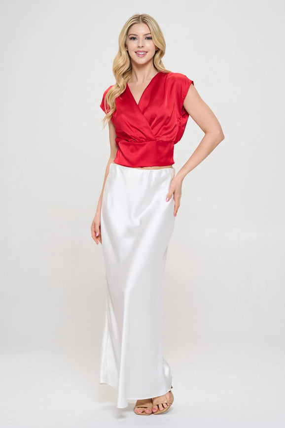 Solid Satin V Neck Crop Top W Smock Back Detail Red-TOP-Renee C.-S-Urbanheer