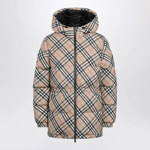 Burberry Hooded check nylon puffer jacket in sand