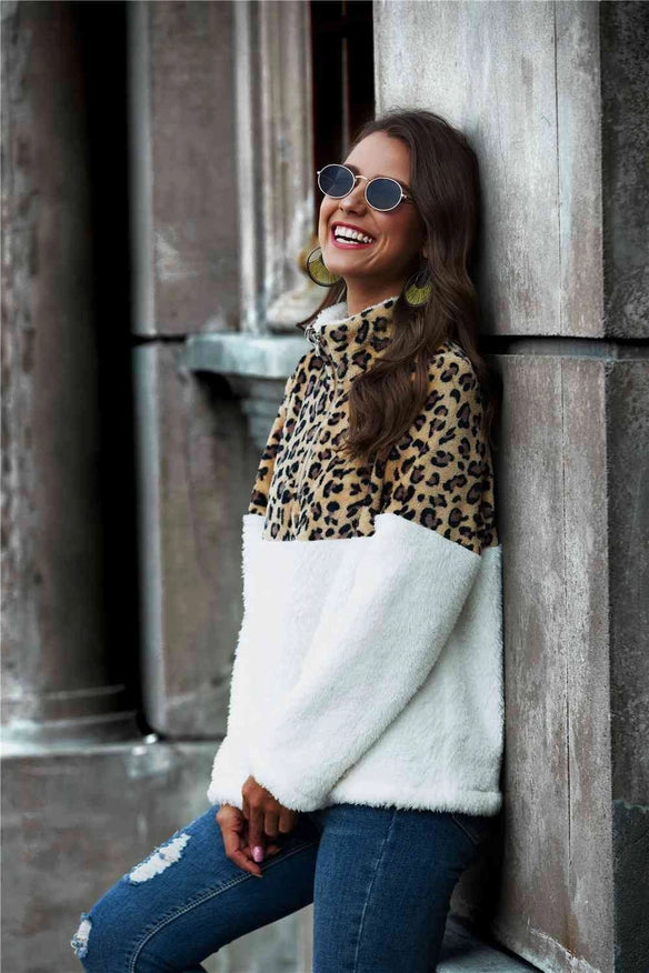Leopard Color Block Half-Zip Collar Teddy Sweatshirt-Sweatshirt-Blak Wardrob-Urbanheer