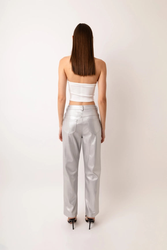 Lupe Faux Leather Metallic Straight Pant-Pants-Amy Lynn-S-SILVER-Urbanheer