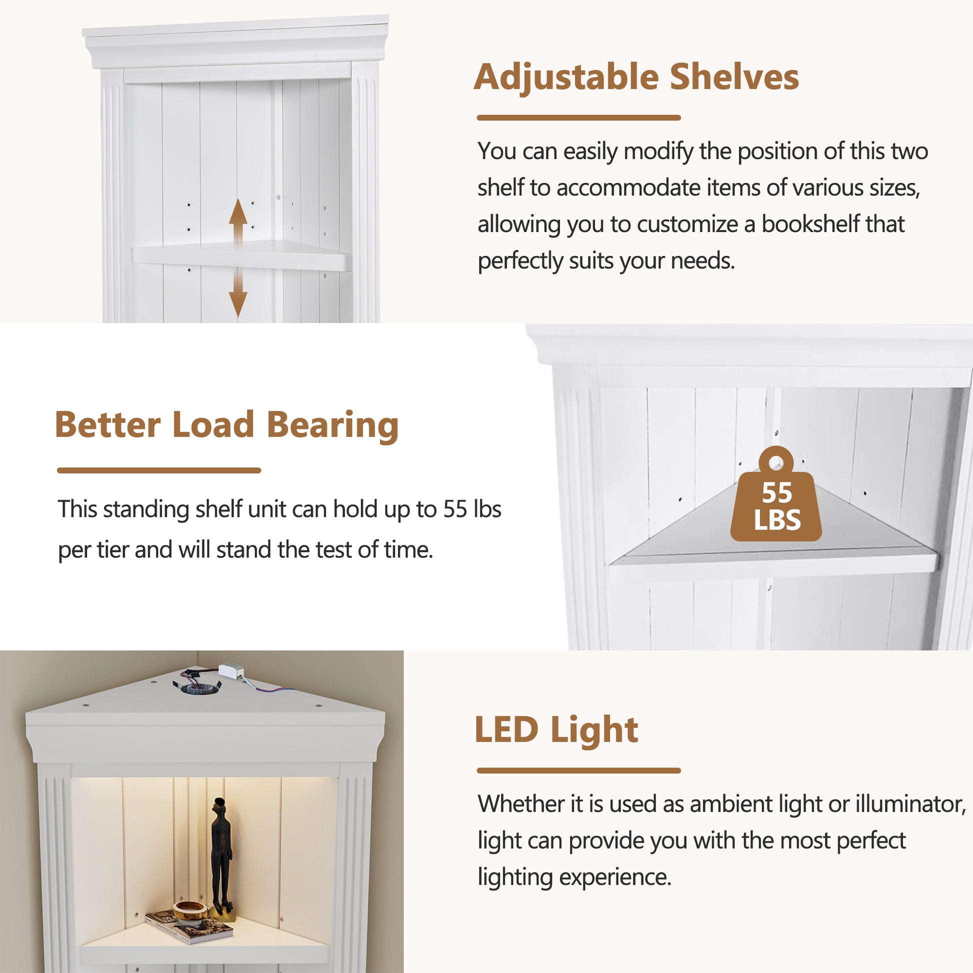 83.4'Tall Modern Corner Shelf,5 Tier Corner Bookcase with LED Light, Storage Standing Shelf Unit,-UH Decor-Default-Urbanheer