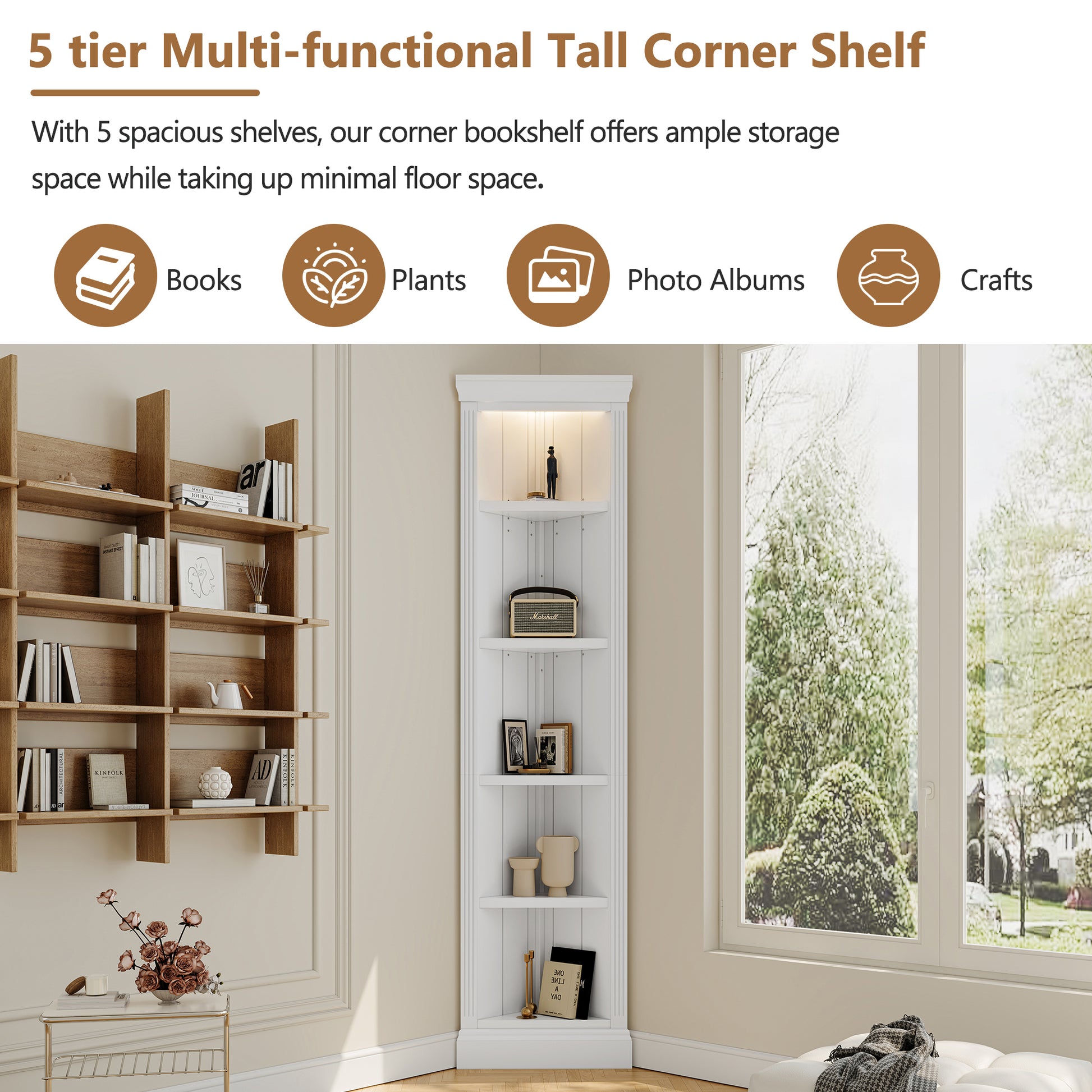 83.4'Tall Modern Corner Shelf,5 Tier Corner Bookcase with LED Light, Storage Standing Shelf Unit,-UH Decor-Default-Urbanheer