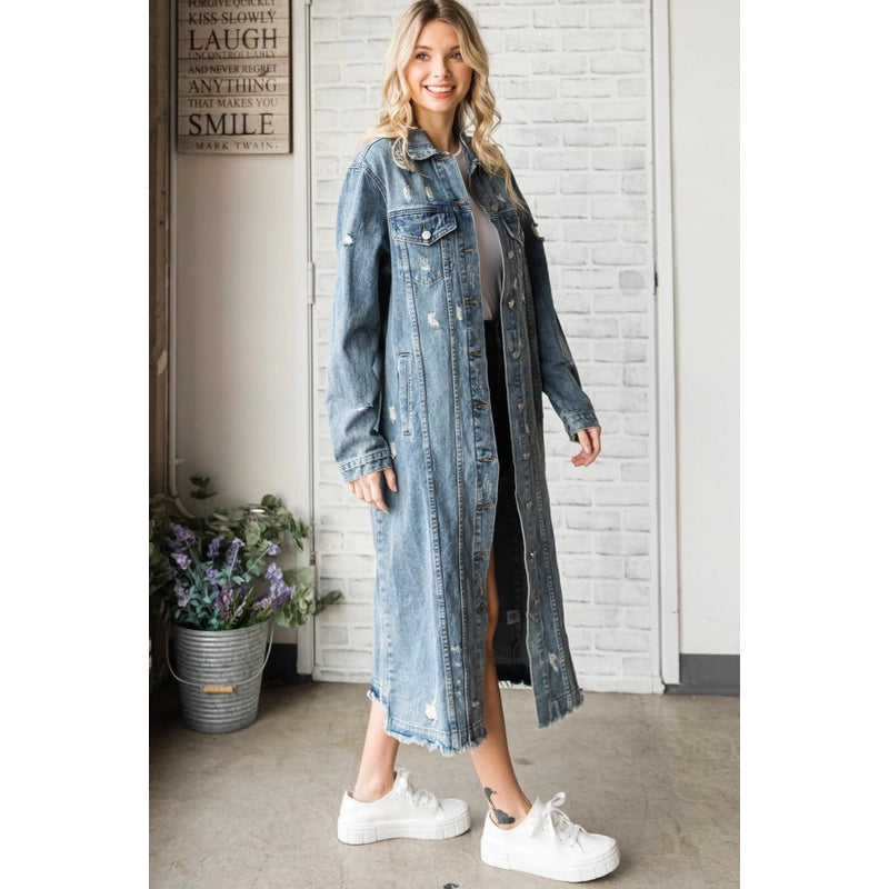 Long Sleeve Destroyed Denim Long Jacket-Jacket-Pink Irene Wholesale-S-Urbanheer