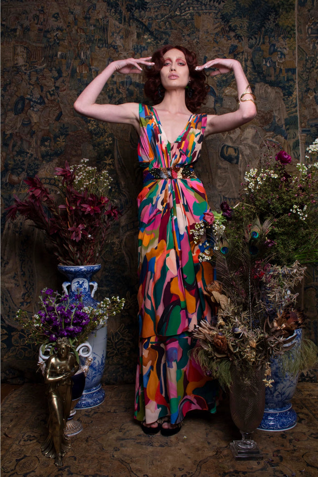 Safaa Blooming Pleated Long Dress In Exquisite Silk Crepe-Clothing - Women-La fuori-Urbanheer