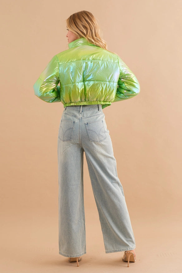 Windbreaker Metallic Puffer Crop Zip Up Jacket Lime-Jacket-Blue B-S-Urbanheer