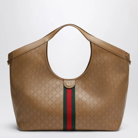 GUCCI Giglio large shopping tote in perforated GG leather beige