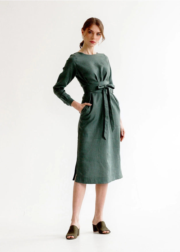 Moss Green Wrap Linen Belted Bridesmaid Dress For Women Long-Dress-Nich Linen-XXS-Urbanheer