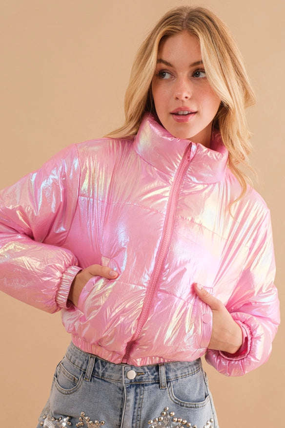 Windbreaker Metallic Puffer Crop Zip Up Jacket Pink-Jacket-Blue B-S-Urbanheer