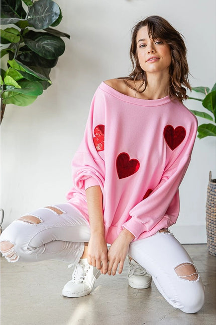 Sequined Heart Patch Sweatshirt-Sweatshirt-Peace Love Line-S-PINK/RED HEARTS-Urbanheer