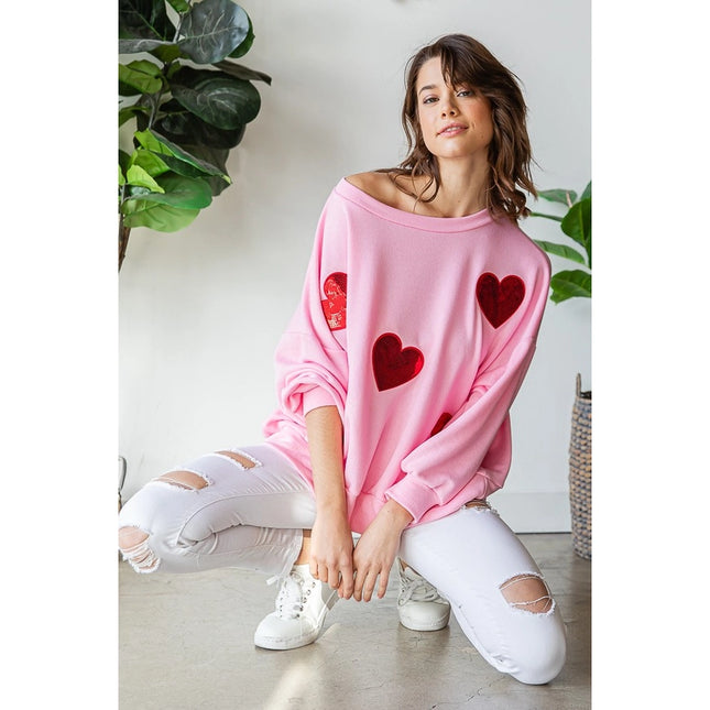 Sequined Heart Patch Sweatshirt-Sweatshirt-Peace Love Line-S-PINK/RED HEARTS-Urbanheer