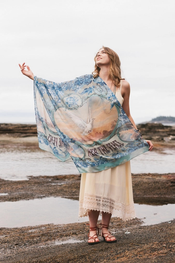 Peace Out Scarf with Doves and Sunrise