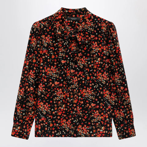 GUCCI Printed silk shirt with bow in black/red