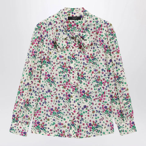 GUCCI Printed silk shirt with bow in ivory/pink