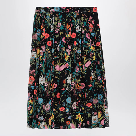 GUCCI Pleated midi silk skirt with Flora print in black