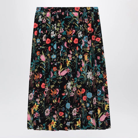 GUCCI Pleated midi silk skirt with Flora print in black