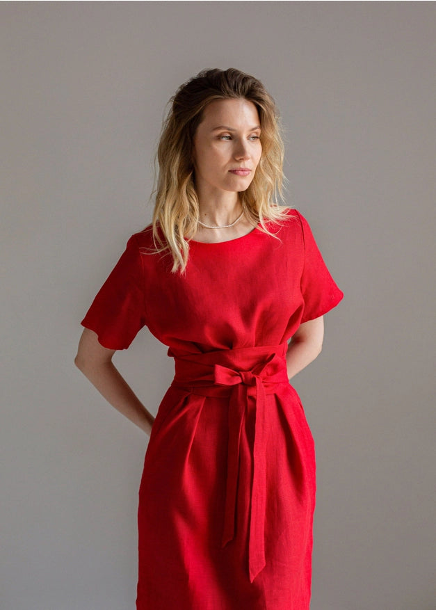 Wrap Linen Tie Belt Red Dress For Women Long With Pockets-Dress-Nich Linen-XXS-Urbanheer