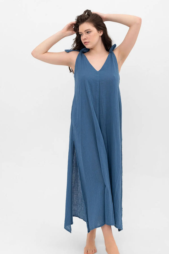 Cotton V Neck Long Dress 3511-Clothing - Women-Blanca-Urbanheer