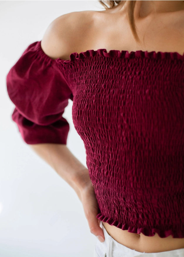 Burgundy Off The Shoulder Puffed Sleeve Linen Top For Woman-TOP-Nich Linen-XXS-Urbanheer