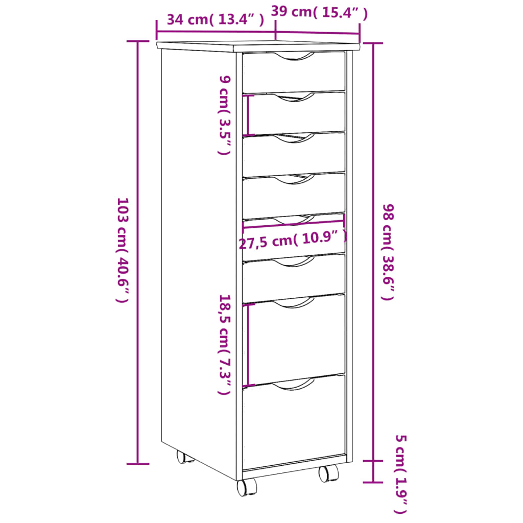 Vidaxl Rolling Cabinet With Drawers Office Filing Cabinet Moss Solid Wood Pine-Furniture > Cabinets & Storage > Storage Cabinets & Lockers-vidaXL-Gray-13.4" x 15.4" x 40.6"-Urbanheer