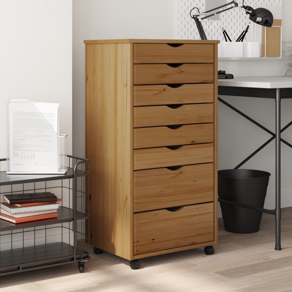 Vidaxl Rolling Cabinet With Drawers Office Filing Cabinet Moss Solid Wood Pine-Furniture > Cabinets & Storage > Storage Cabinets & Lockers-vidaXL-Honey brown-20.9" x 15.4" x 40.6"-Urbanheer